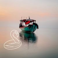 Boat on the still water of Koh Tonsay, Kep overlaid with a flamingo floaty drawing