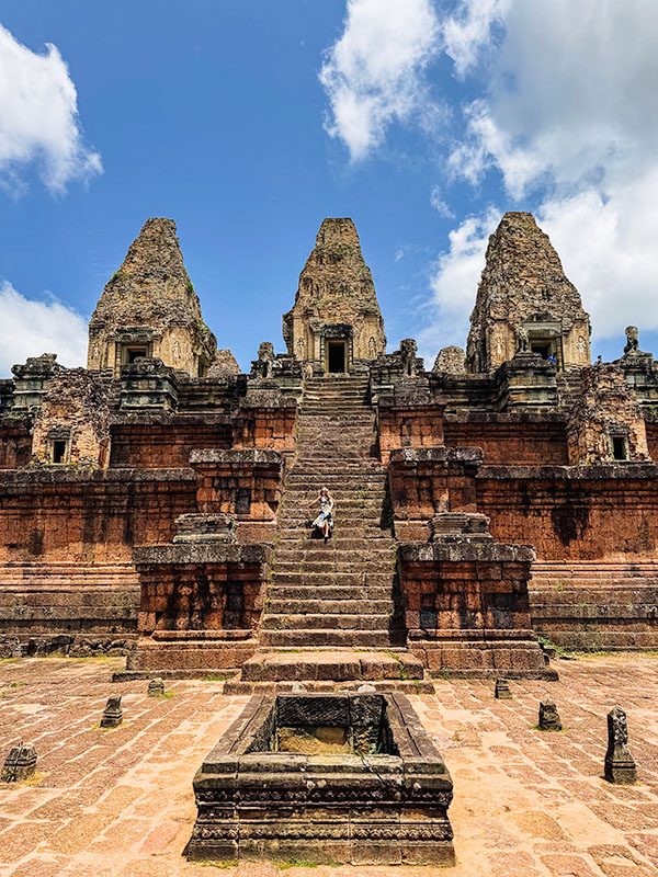 Katie walking down the steep stairs at Pre Rup, Angkor Thom (in Siem Reap)
